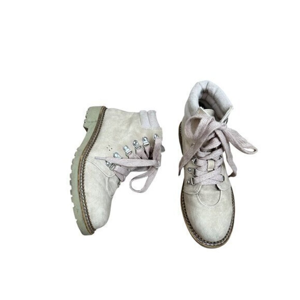 Womens Beige Suede Lace-Up Ankle Boots W/ Lug Sole & Padded Collar